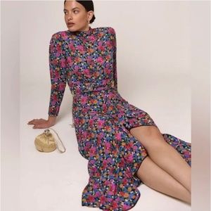 Rixo London Cherie Floral Print High Neck Ruffle Maxi Dress Purple